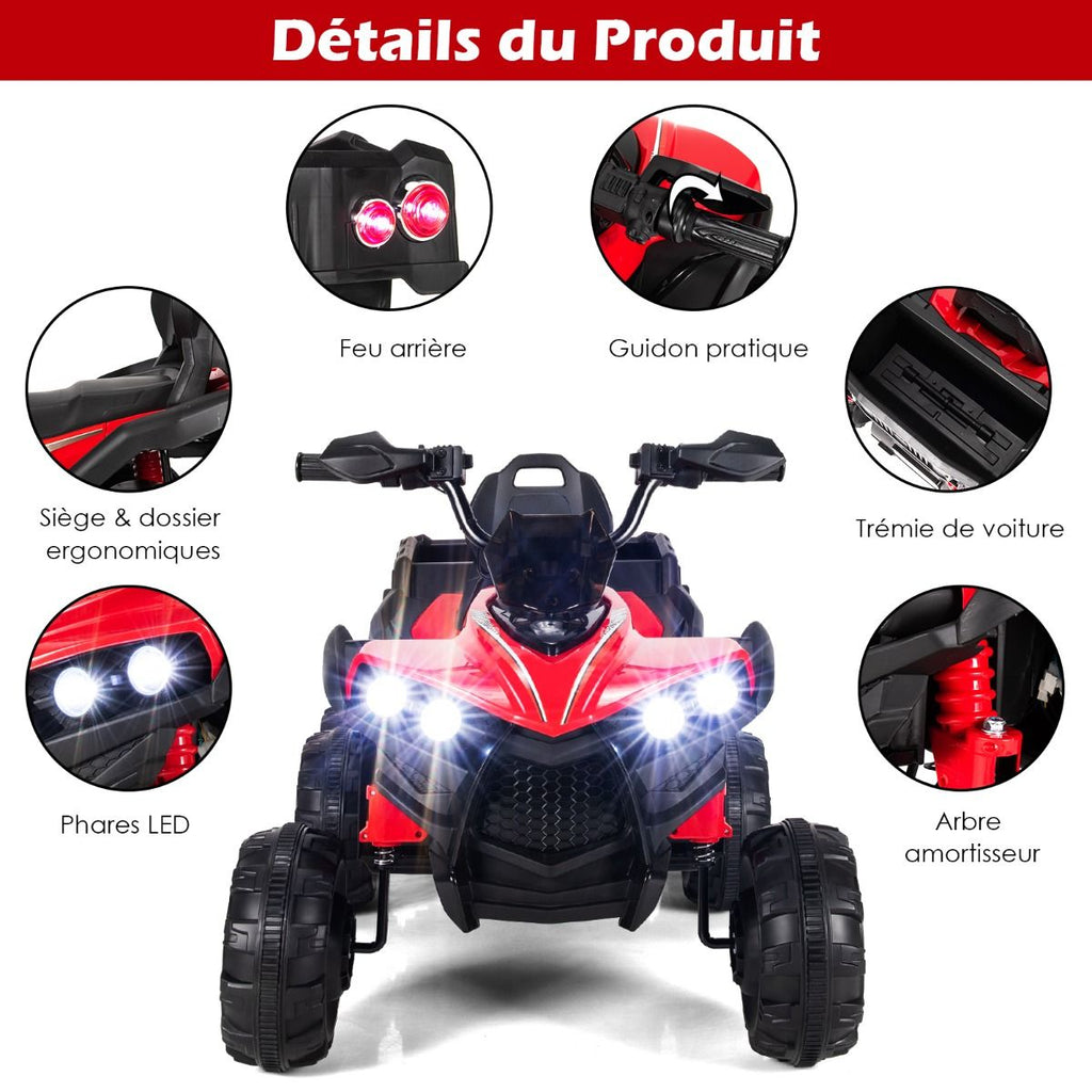 12V Quad Electrique Enfants avec Lumières LED et Musique Véhicule Electrique Enfants avec Démarrage Lent Charge 30kg 129 x 69 x 72 cm Noir/Rouge -