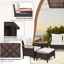 Load image into Gallery viewer, Ensemble de Canapés de Patio en Rotin PE 7 Pièces avec Coussins d'Assise et de Dossier 2 Poufs 2 Tables Basses Plateau de Table -
