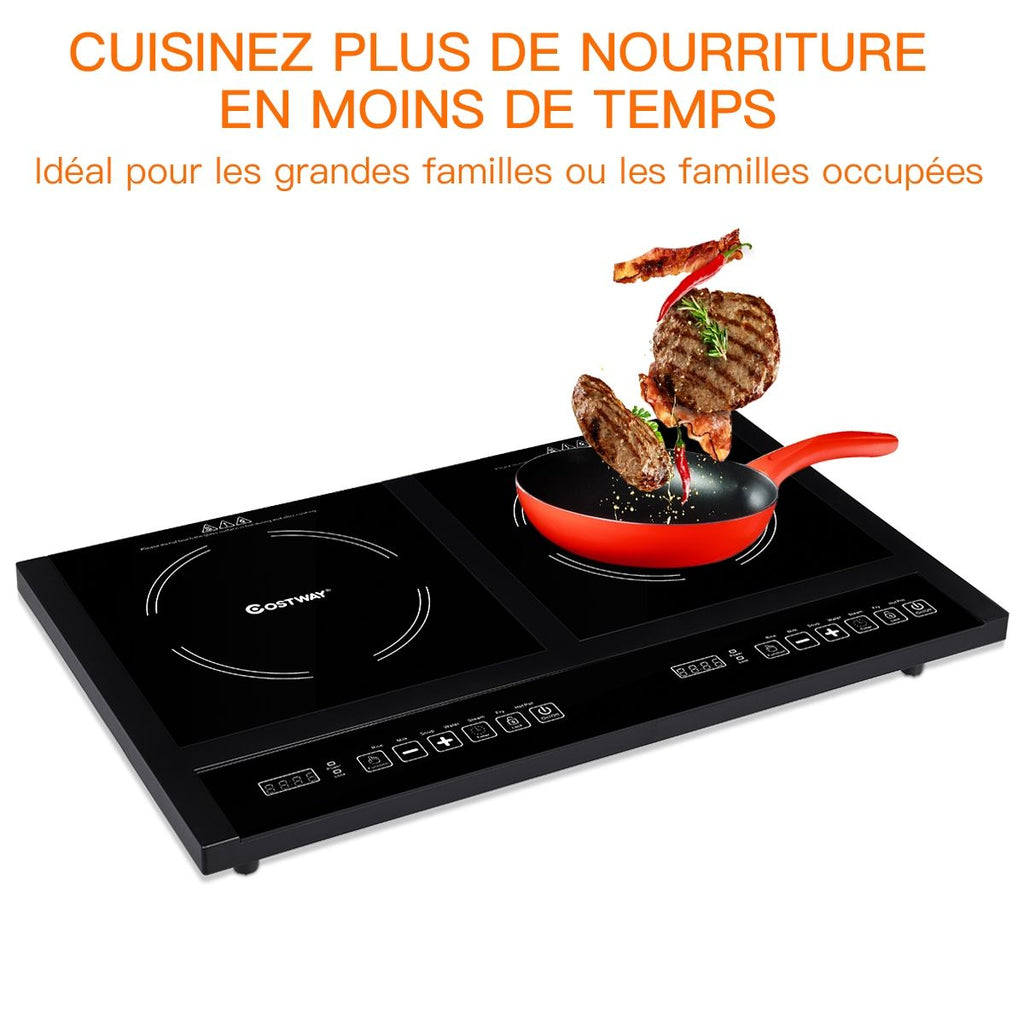 Double Plaque de Cuisson Electrique en Vitrocéramique 1800W+1800W 2 Zones 8 Niveaux de Température/Puissance Variables Noir -