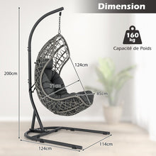 Load image into Gallery viewer, Chaise Oeuf en Rotin PE avec Support avec Oreiller et Coussin Chaise Suspendue avec Accessoires de Suspension Capacité 160 Kg Gris -