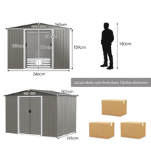 Load image into Gallery viewer, Abri de Jardin Mtal Extrieur 9.74m鲁 Acier Galvanis avec Fondation 4 Persiennes Double Porte et Rampe 260 x 207 x 181 cm Gris Fonc/Gris Clair -
