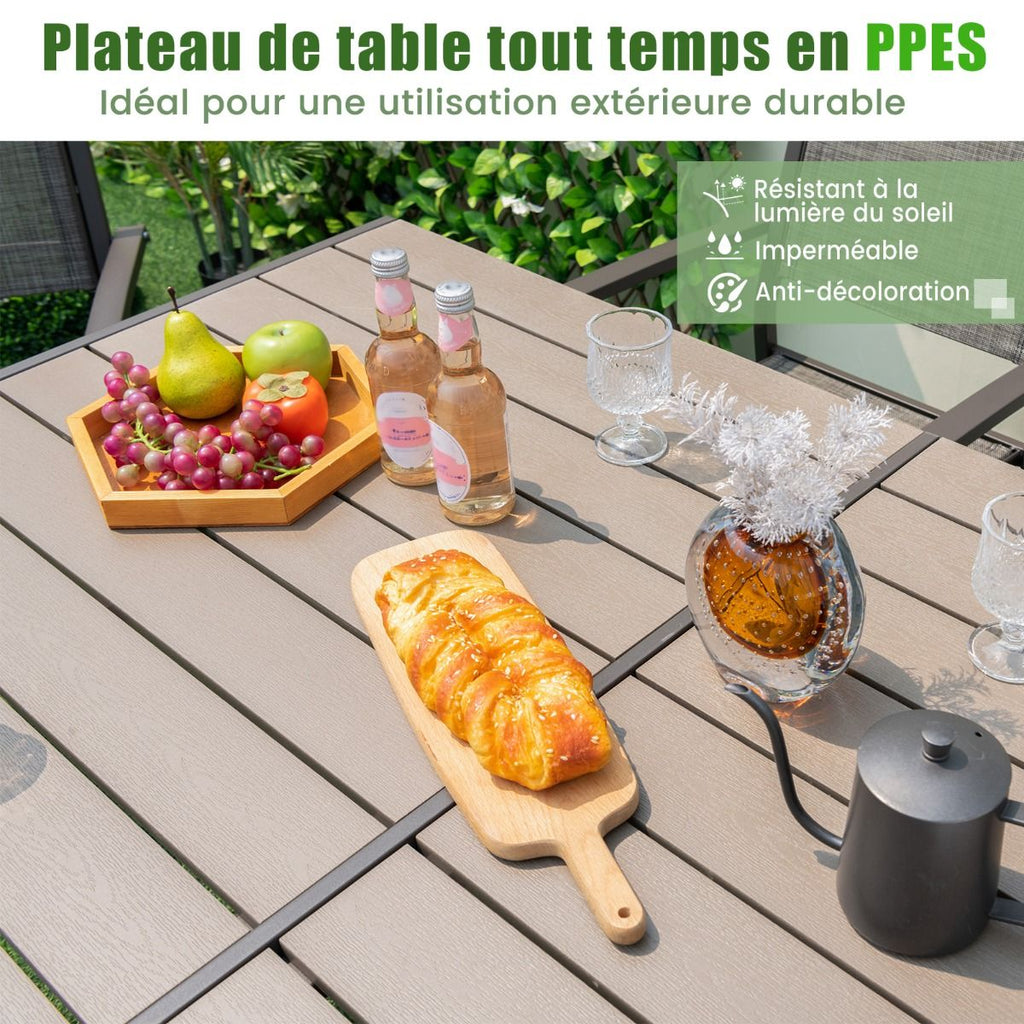 Ensemble de Meubles de Patio 7 Pièces pour 6 Personnes Salon de Jardin avec 6 Chaises Empilables et Table Rectangulaire Gris -