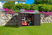 Load image into Gallery viewer, Duramax StoreAway 1200L Plastic Garden Shed/ Flat Lid,Outdoor Storage Shed,Wheelie Bin Hideaways,Wheelie bin box,Durable Construction,Ideal for Bikes,BBQs &amp; 2x 240L Bins,145x85x125 cm,Brown