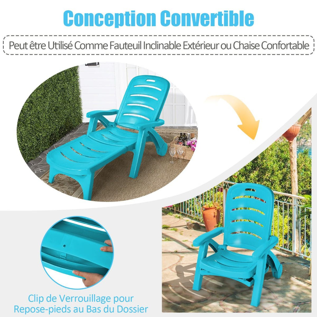 Chaise Longue Pliable Dossier Inclinable à 5 Positions avec Roues Intégrées pour Terrasse Jardin Piscine 150 kg Gris/Blanc/Bleu -