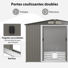 Load image into Gallery viewer, Abri de Jardin Métal Extérieur 9.74m³ Acier Galvanisé avec Fondation 4 Persiennes Double Porte et Rampe 260 x 207 x 181 cm Gris Foncé/Gris Clair -