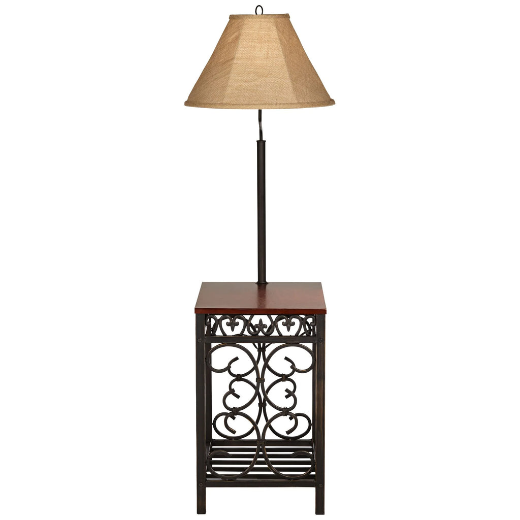 Regency Hill Travata Rustic Vintage Floor Lamp with End Table 54" Tall Bronze Scrollwork Swing Arm Burlap Fabric Empire Shade for Living Room Reading