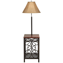 Load image into Gallery viewer, Regency Hill Travata Rustic Vintage Floor Lamp with End Table 54" Tall Bronze Scrollwork Swing Arm Burlap Fabric Empire Shade for Living Room Reading