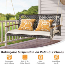 Load image into Gallery viewer, Banc Suspendu de Jardin en Rotin 2 Place Accoudoirs en Bois d'Acacia Cadre en Métal Coussin Cordes Crochets Blanc/Noir -