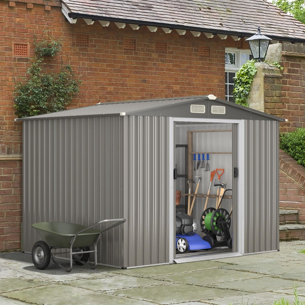 Abri de Jardin Mtal Extrieur 9.74m鲁 Acier Galvanis avec Fondation 4 Persiennes Double Porte et Rampe 260 x 207 x 181 cm Gris Fonc/Gris Clair -