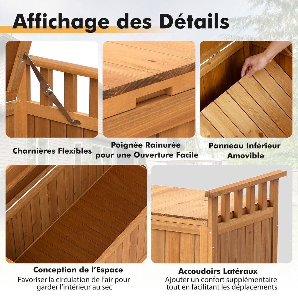 Banc de Rangement en Bois Banc d'Extérieur à 2 Places de 209 L avec Accoudoirs Coffre de Stockage en Bois Charge 100KG Naturel -