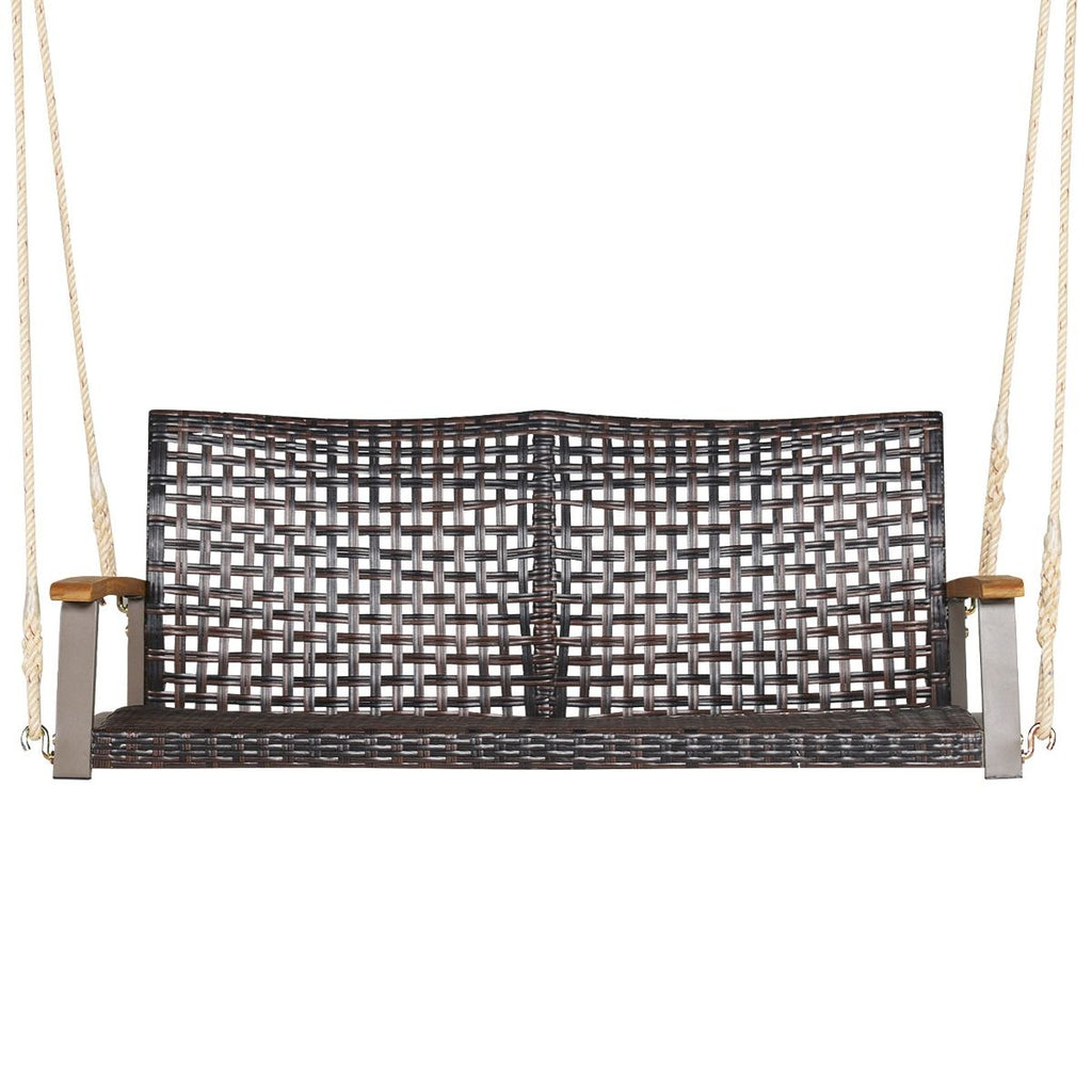 Banc Suspendu de Jardin en Rotin 2 Place Accoudoirs en Bois d'Acacia Cadre en Métal Coussin Cordes Crochets Blanc/Noir -