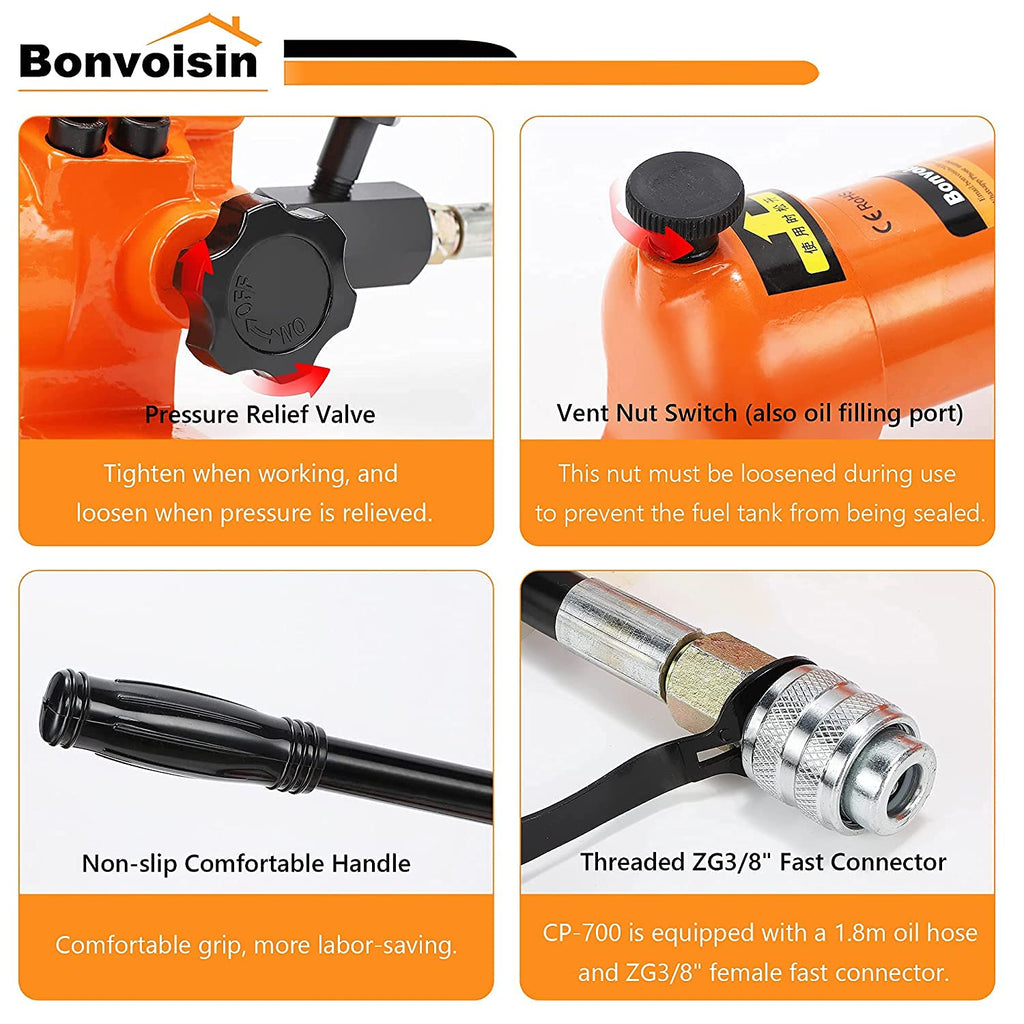 Bonvoisin CP-700 Pompe Hydraulique Manuelle avec Manomètre Haute Pression 700 kg/cm² Teneur en Huile 900cc pour des Outils Hydrauliques