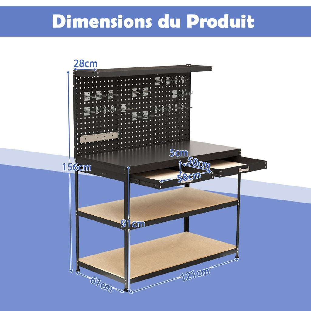 tabli de Bricolage 121 x 61 cm Table de Travail en Mtal de 230 kg avec 3 Panneaux Perfors 24 Accessoires de Suspension Noir/Bleu Marine -
