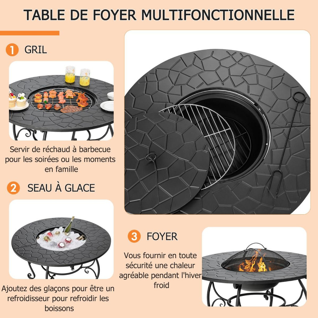 Brasero Extrieur pour Jardin 80 x 80 x 70 cm Foyer rond 4 en 1 avec Brasero Grille de Cuisson Grille en Bois -