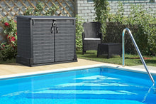 Load image into Gallery viewer, Duramax StoreAway 1200L Plastic Garden Shed/ Flat Lid,Outdoor Storage Shed,Wheelie Bin Hideaways,Wheelie bin box,Durable Construction,Ideal for Bikes,BBQs &amp; 2x 240L Bins,145x85x125 cm,Brown