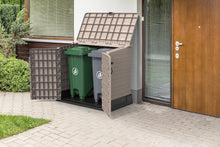 Load image into Gallery viewer, Duramax StoreAway 1200L Plastic Garden Shed/ Flat Lid,Outdoor Storage Shed,Wheelie Bin Hideaways,Wheelie bin box,Durable Construction,Ideal for Bikes,BBQs &amp; 2x 240L Bins,145x85x125 cm,Brown