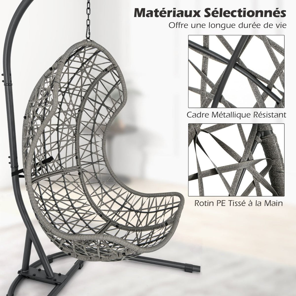 Chaise Oeuf en Rotin PE avec Support avec Oreiller et Coussin Chaise Suspendue avec Accessoires de Suspension Capacité 160 Kg Gris -