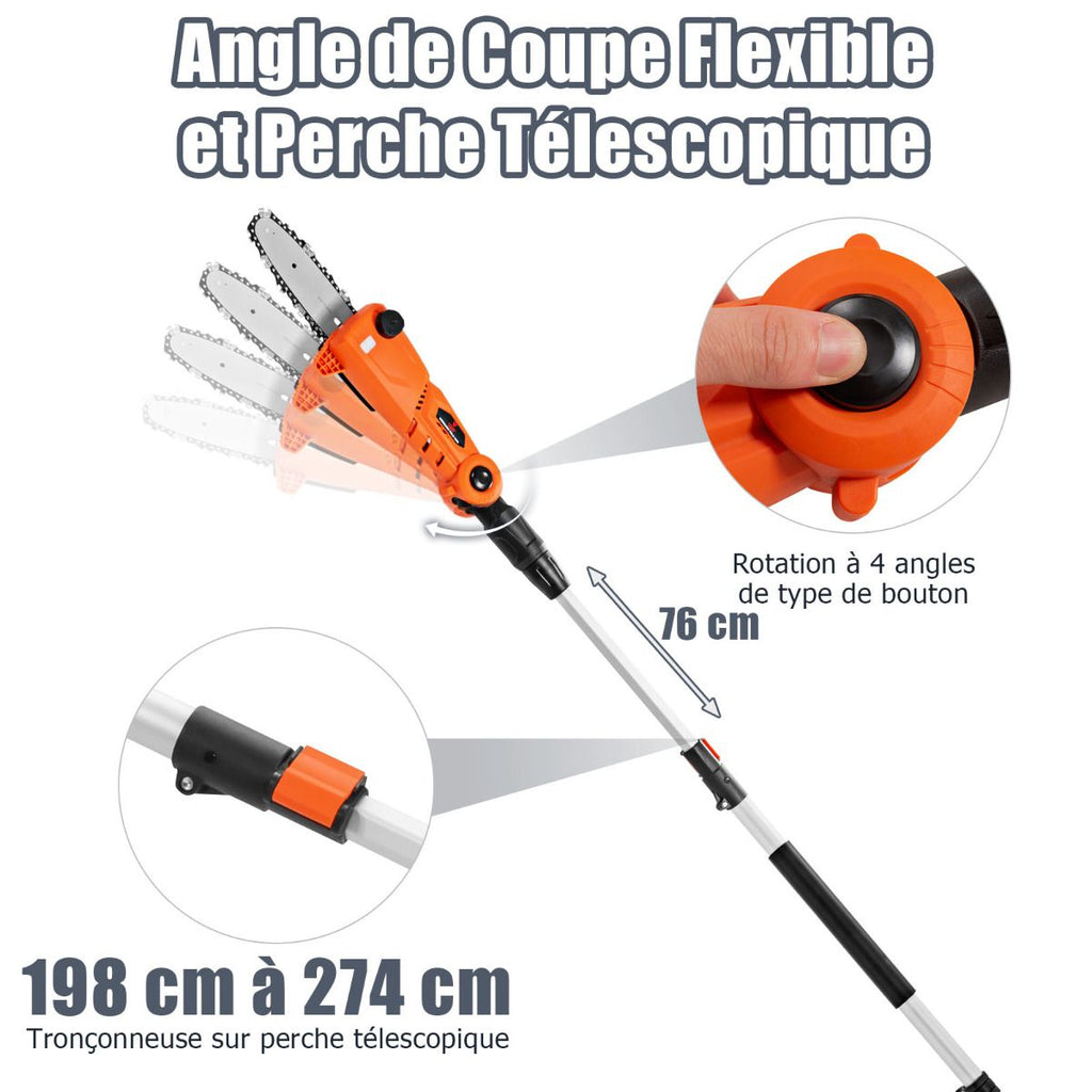 lagueuse Tlescopique sur Perche sans Fil 198 -274 cm Coupe Branche avec Batterie 20V et Chargeur Orange -