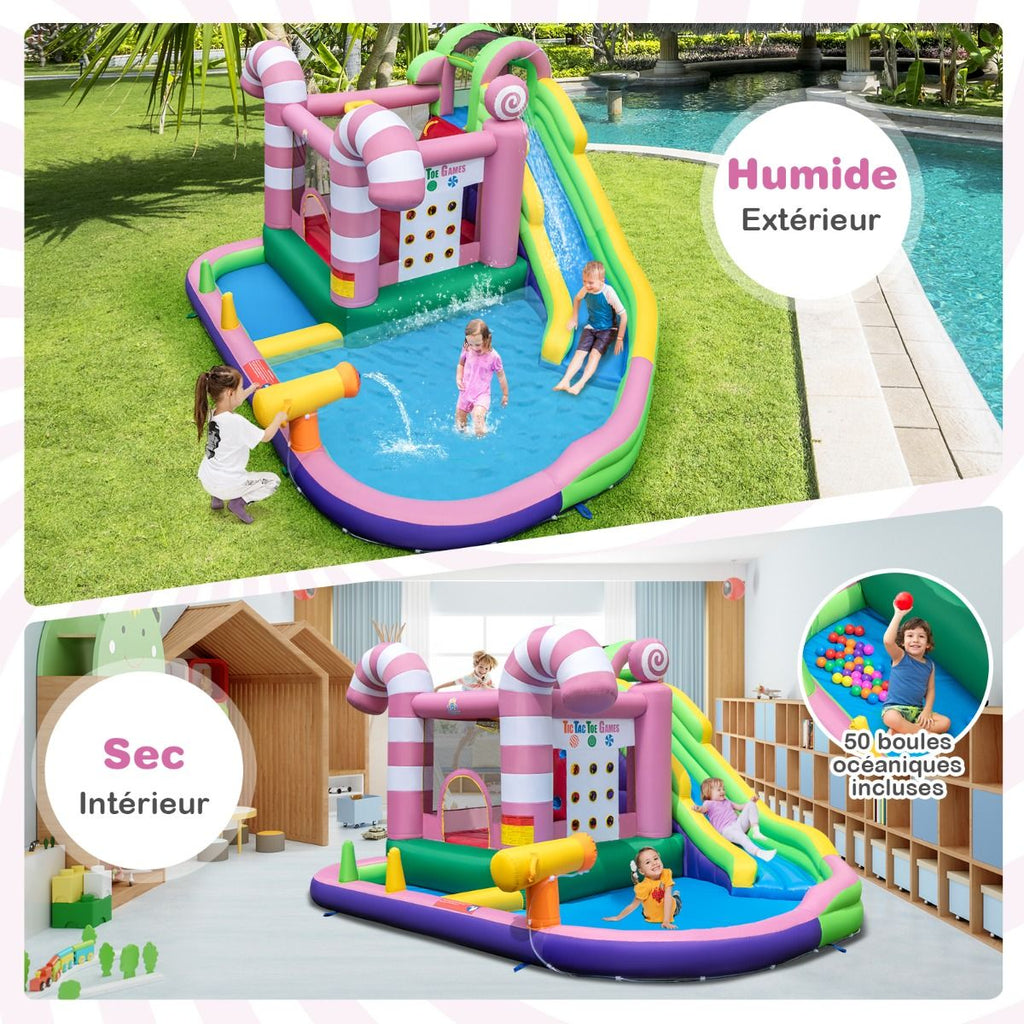 9 en 1 Ch芒teau Gonflable en Forme Bonbons avec Toboggan Maison de Saut Gonflable avec Pistolet  Eau Charge 90kg pour 2 Enfants de 3-10 Ans -