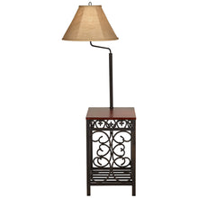 Load image into Gallery viewer, Regency Hill Travata Rustic Vintage Floor Lamp with End Table 54" Tall Bronze Scrollwork Swing Arm Burlap Fabric Empire Shade for Living Room Reading