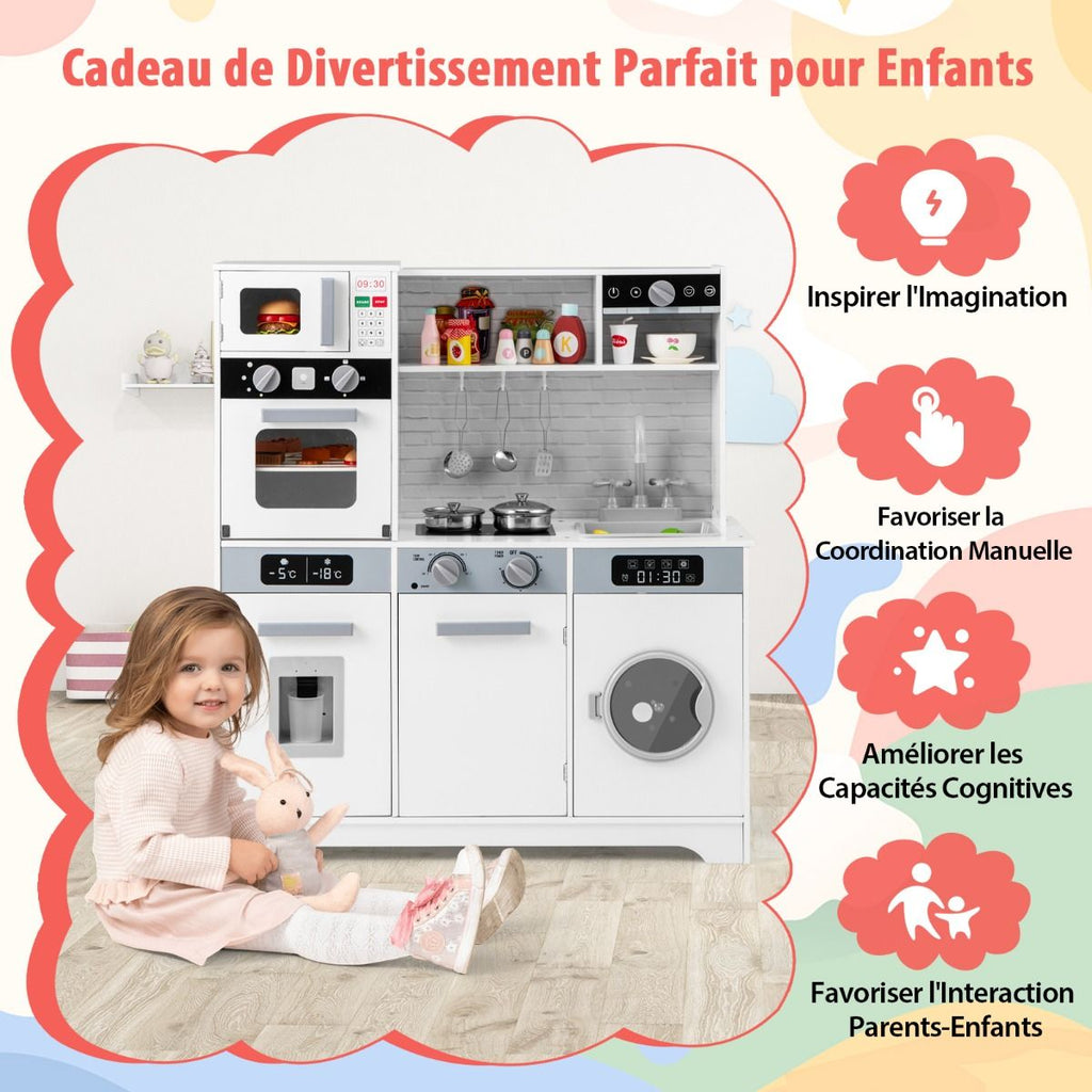 Cuisine de Jeu pour 3 Ans et Plus Jouets de Cuisine en Bois avec Evier Robinet Distributeur d橢au Micro-ondes Four Ustensiles Blanc -