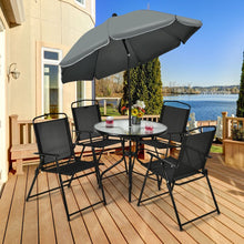 Load image into Gallery viewer, Ensemble Salon de Jardin 6 Pcs 4 Chaises Pliantes Table Basse en Verre et Parasol pour Terrasse Piscine Cour Noir -