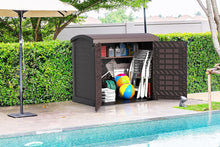 Load image into Gallery viewer, Duramax StoreAway 1200L Plastic Garden Shed/ Flat Lid,Outdoor Storage Shed,Wheelie Bin Hideaways,Wheelie bin box,Durable Construction,Ideal for Bikes,BBQs &amp; 2x 240L Bins,145x85x125 cm,Brown