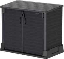 Load image into Gallery viewer, Duramax StoreAway 1200L Plastic Garden Shed/ Flat Lid,Outdoor Storage Shed,Wheelie Bin Hideaways,Wheelie bin box,Durable Construction,Ideal for Bikes,BBQs &amp; 2x 240L Bins,145x85x125 cm,Brown