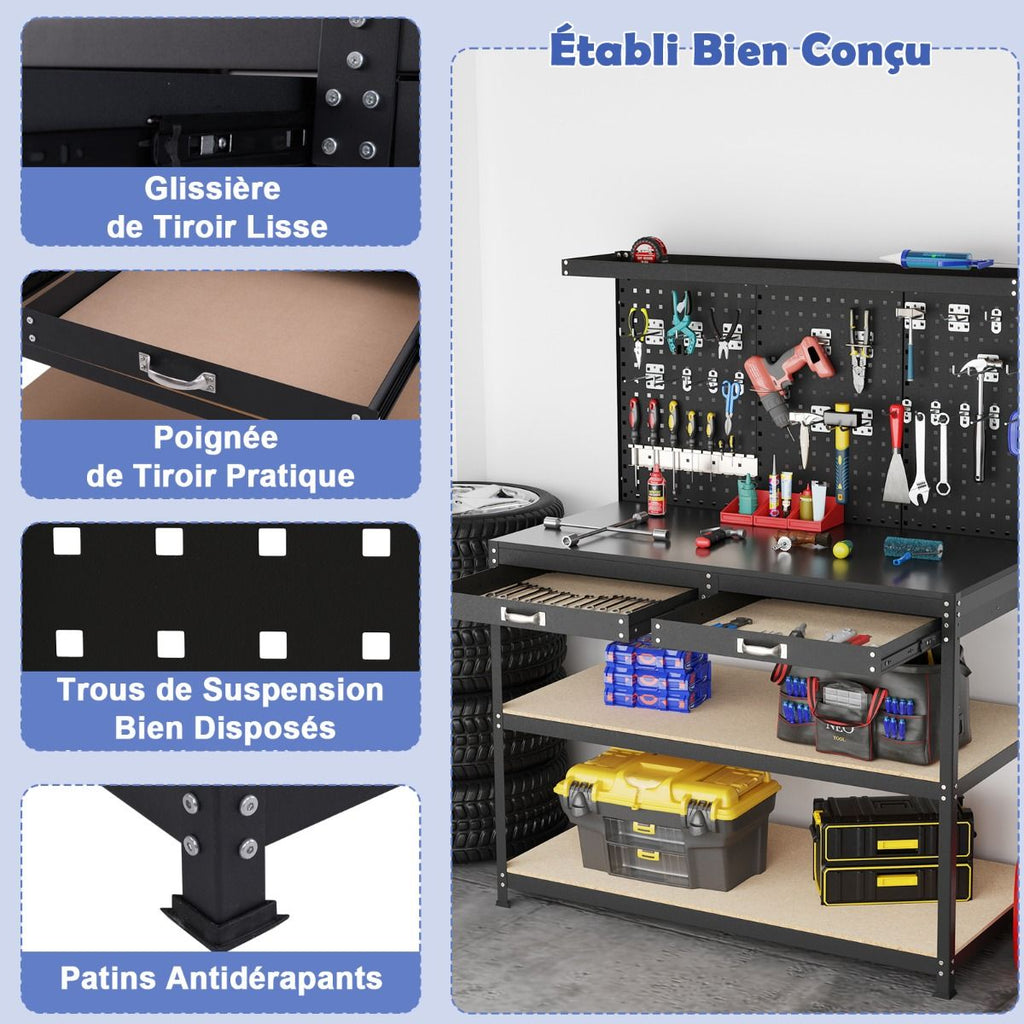 Établi de Bricolage 121 x 61 cm Table de Travail en Métal de 230 kg avec 3 Panneaux Perforés 24 Accessoires de Suspension Noir/Bleu Marine -
