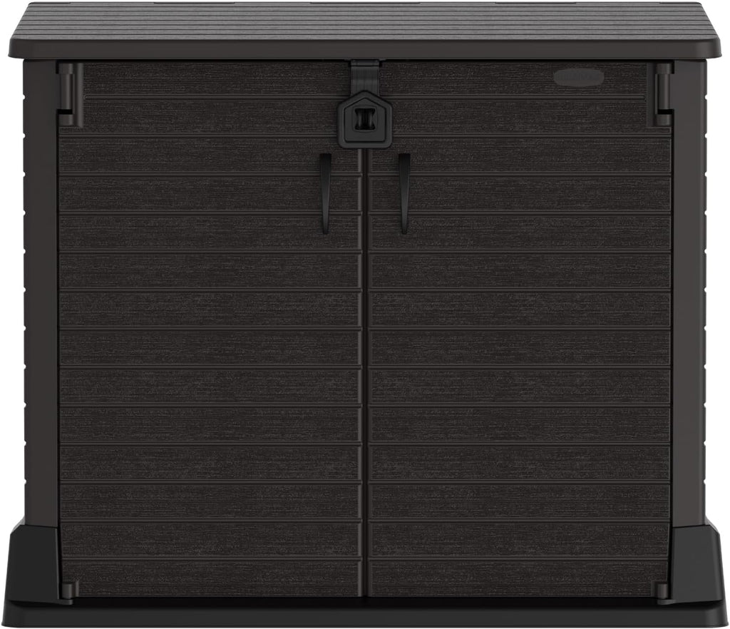 Duramax StoreAway 1200L Plastic Garden Shed/ Flat Lid,Outdoor Storage Shed,Wheelie Bin Hideaways,Wheelie bin box,Durable Construction,Ideal for Bikes,BBQs & 2x 240L Bins,145x85x125 cm,Brown