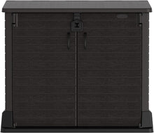 Load image into Gallery viewer, Duramax StoreAway 1200L Plastic Garden Shed/ Flat Lid,Outdoor Storage Shed,Wheelie Bin Hideaways,Wheelie bin box,Durable Construction,Ideal for Bikes,BBQs &amp; 2x 240L Bins,145x85x125 cm,Brown