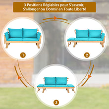 Load image into Gallery viewer, Chaise Longue Convertible avec Coussin Canapé de Jardin 2 en 1 en Bois d’Acacia avec Accoudoir Réglable pour Patio Piscine Jardin Blanc/Gris/Bleu/Rouge -