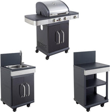 Load image into Gallery viewer, Cook'in Garden Cuisine extérieure modulable FIDGI 3 - Barbecue au gaz 3 brûleurs avec thermomètre Meuble d'appoint desserte et évier