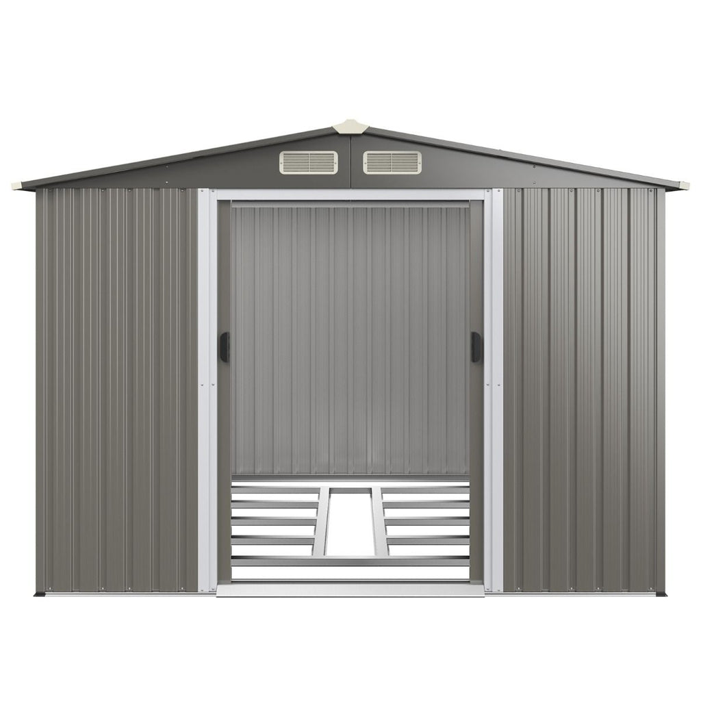 Abri de Jardin Mtal Extrieur 9.74m鲁 Acier Galvanis avec Fondation 4 Persiennes Double Porte et Rampe 260 x 207 x 181 cm Gris Fonc/Gris Clair -