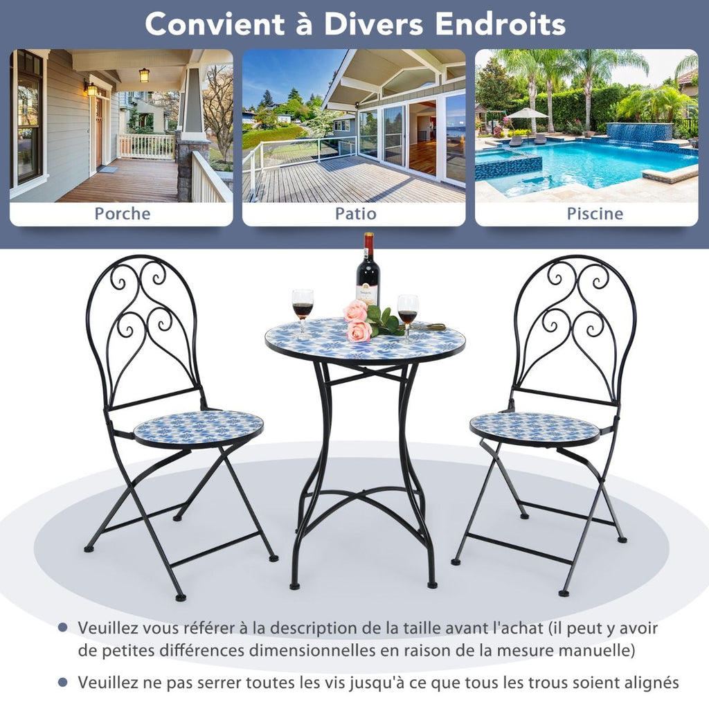 Ensemble Table et 2 Chaises Pliantes de Bistrot 2 Personnes Design Carreaux de Mosaïque Collés sur du Ciment pour Terrasse -