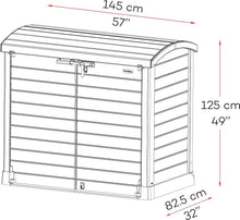 Load image into Gallery viewer, Duramax StoreAway 1200L Plastic Garden Shed/ Flat Lid,Outdoor Storage Shed,Wheelie Bin Hideaways,Wheelie bin box,Durable Construction,Ideal for Bikes,BBQs &amp; 2x 240L Bins,145x85x125 cm,Brown