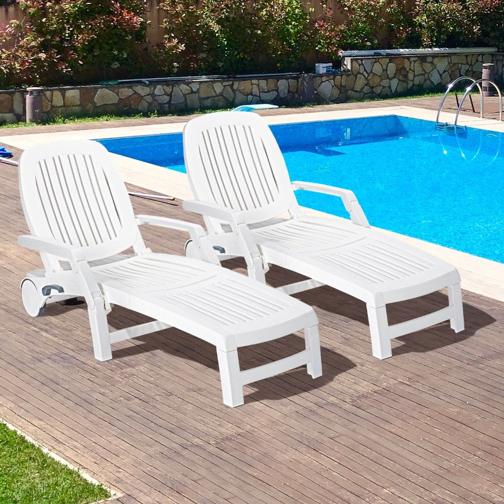 Chaise Longue Inclinable Rglable  5 Positions avec Roues Flexibles Fauteuil Relax de Camping avec Bo卯te de Rangement Charge 150KG Blanc -