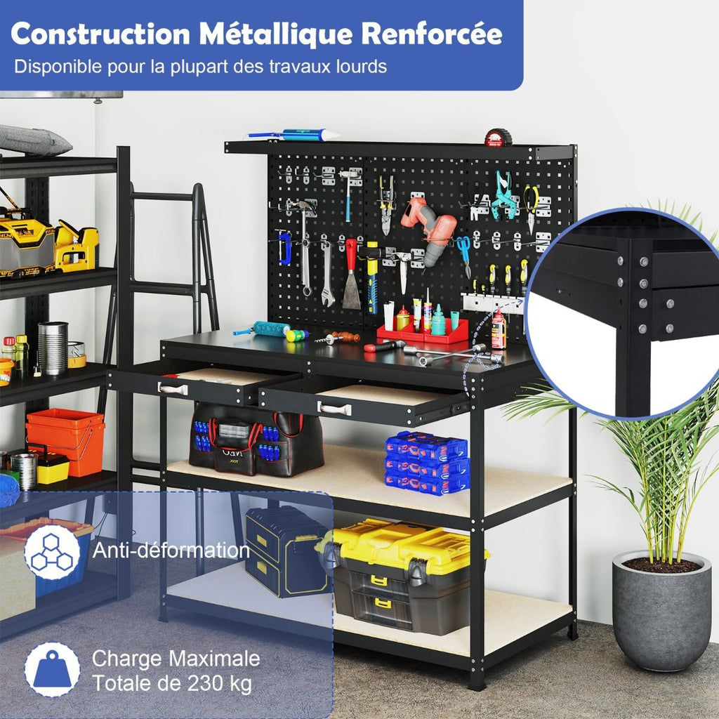 tabli de Bricolage 121 x 61 cm Table de Travail en Mtal de 230 kg avec 3 Panneaux Perfors 24 Accessoires de Suspension Noir/Bleu Marine -