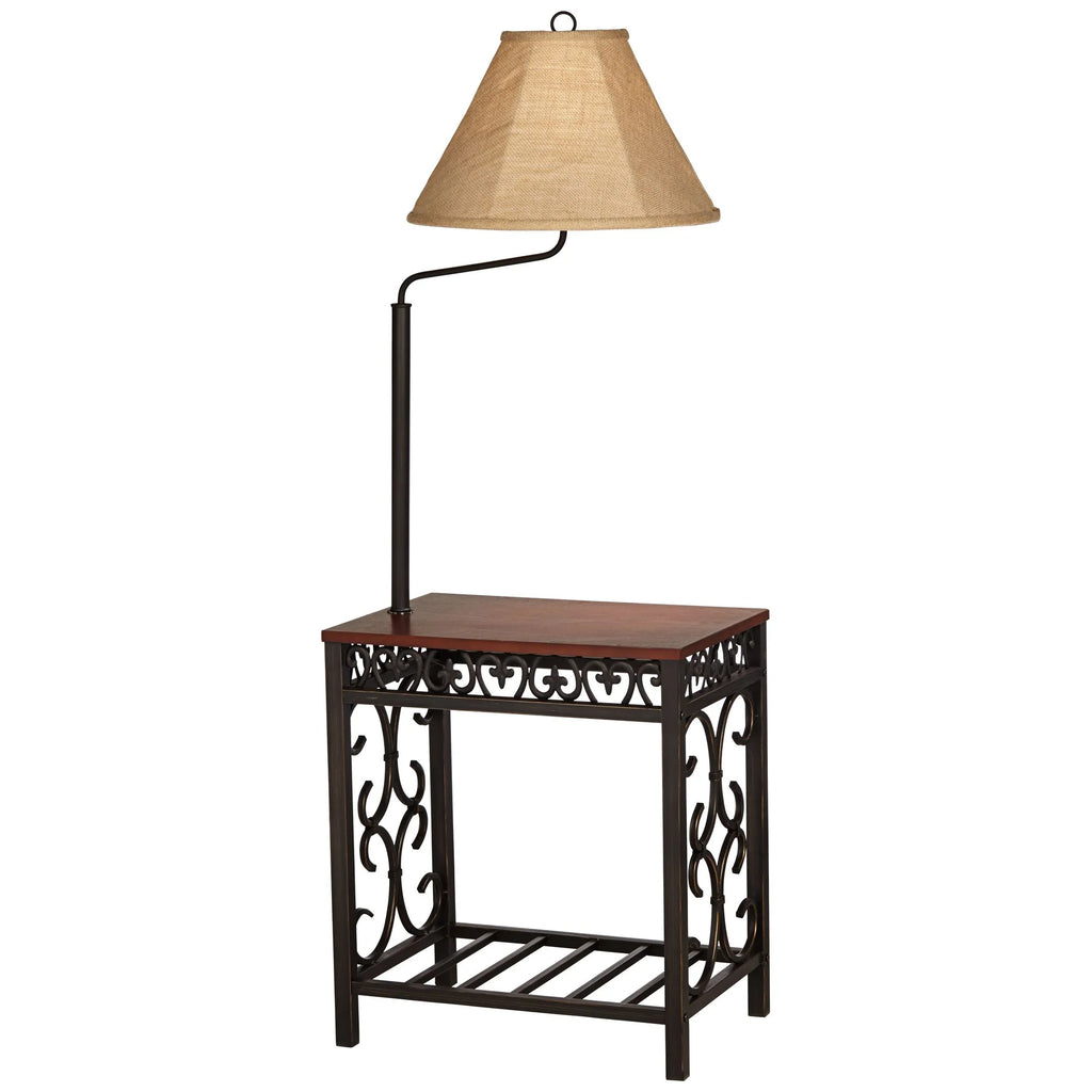 Regency Hill Travata Rustic Vintage Floor Lamp with End Table 54" Tall Bronze Scrollwork Swing Arm Burlap Fabric Empire Shade for Living Room Reading