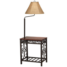 Load image into Gallery viewer, Regency Hill Travata Rustic Vintage Floor Lamp with End Table 54" Tall Bronze Scrollwork Swing Arm Burlap Fabric Empire Shade for Living Room Reading