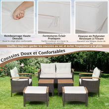 Load image into Gallery viewer, Ensemble de Canaps de Patio en Rotin PE 7 Pices avec Coussins d'Assise et de Dossier 2 Poufs 2 Tables Basses Plateau de Table -