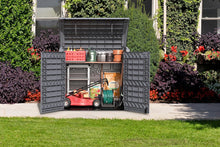 Load image into Gallery viewer, Duramax StoreAway 1200L Plastic Garden Shed/ Flat Lid,Outdoor Storage Shed,Wheelie Bin Hideaways,Wheelie bin box,Durable Construction,Ideal for Bikes,BBQs &amp; 2x 240L Bins,145x85x125 cm,Brown