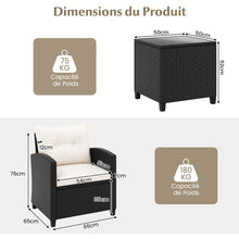 Load image into Gallery viewer, Ensemble de Meubles 3 Pices de Patio en Rotin Charge 180KG Salon de Jardin 2 Fauteuils Table Basse avec Plateau Noir/Beige/Blanc -