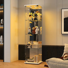 Load image into Gallery viewer, BPKADHY Vitrine sur pied en verre à 4 couches - 1 porte - Lampe LED et serrure avec paroi arrière miroir - Armoire de salon pour objets de collection et livres - Blanc