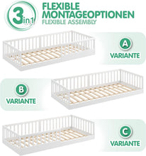 Load image into Gallery viewer, CADANI Timi 2en1 Lit au Sol 120x200 cm Lit Enfant Montessori avec Barrière de Sécurité et Sommier à Lattes, Bois Massif Pin, Blanc, 3 Variantes de Construction, Transformable
