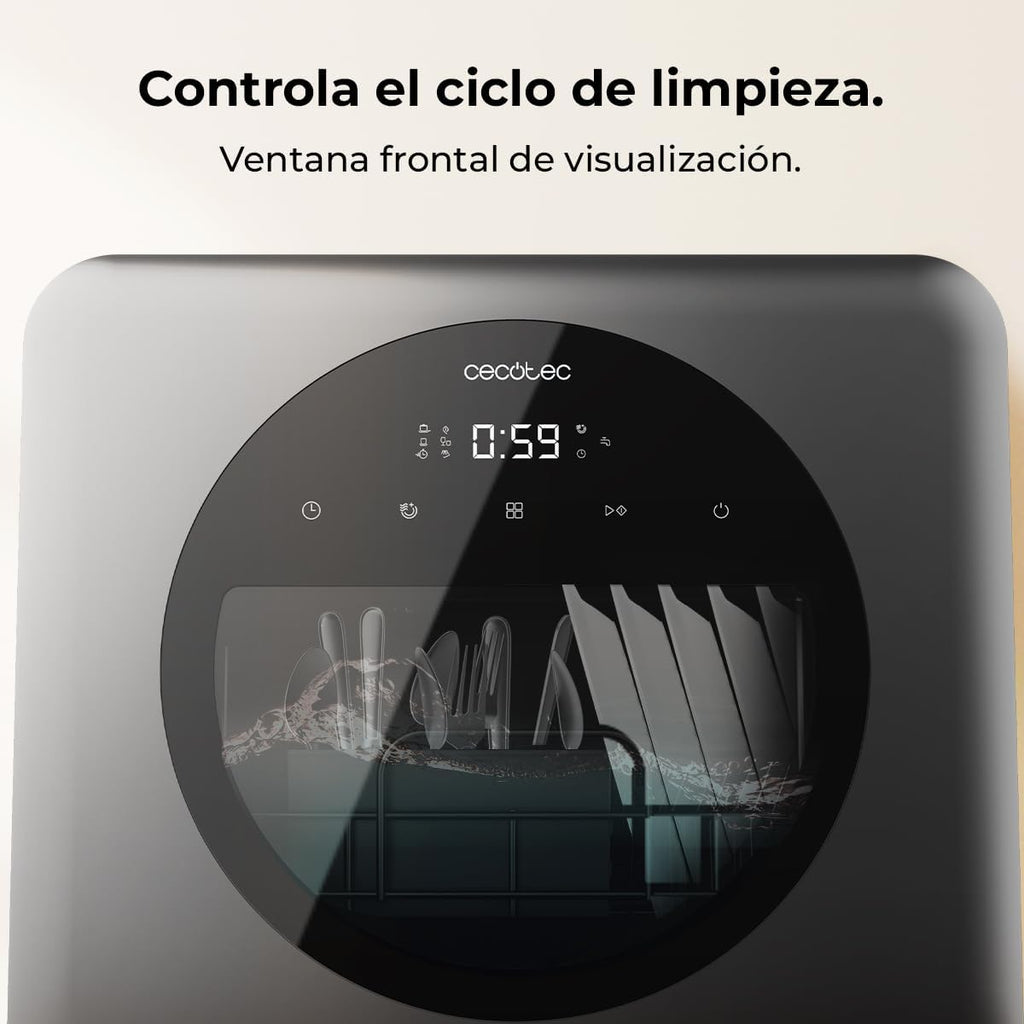 Cecotec Lave-vaisselle Compact Libre Installation sur Table Bolero Aguazero 1150 Dark. 3 Couverts, Basse Consommation, 6 Programmes, Touch Control Panel, Fonctions Long Storage et Delay Start