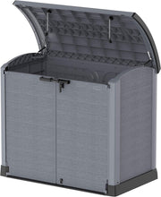 Load image into Gallery viewer, Duramax StoreAway 1200L Plastic Garden Shed/ Flat Lid,Outdoor Storage Shed,Wheelie Bin Hideaways,Wheelie bin box,Durable Construction,Ideal for Bikes,BBQs &amp; 2x 240L Bins,145x85x125 cm,Brown