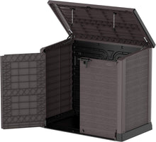 Load image into Gallery viewer, Duramax StoreAway 1200L Plastic Garden Shed/ Flat Lid,Outdoor Storage Shed,Wheelie Bin Hideaways,Wheelie bin box,Durable Construction,Ideal for Bikes,BBQs &amp; 2x 240L Bins,145x85x125 cm,Brown