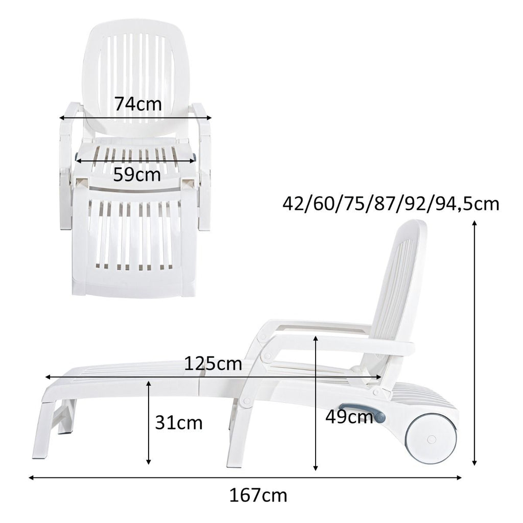 Chaise Longue Inclinable Réglable à 5 Positions avec Roues Flexibles Fauteuil Relax de Camping avec Boîte de Rangement Charge 150KG Blanc -