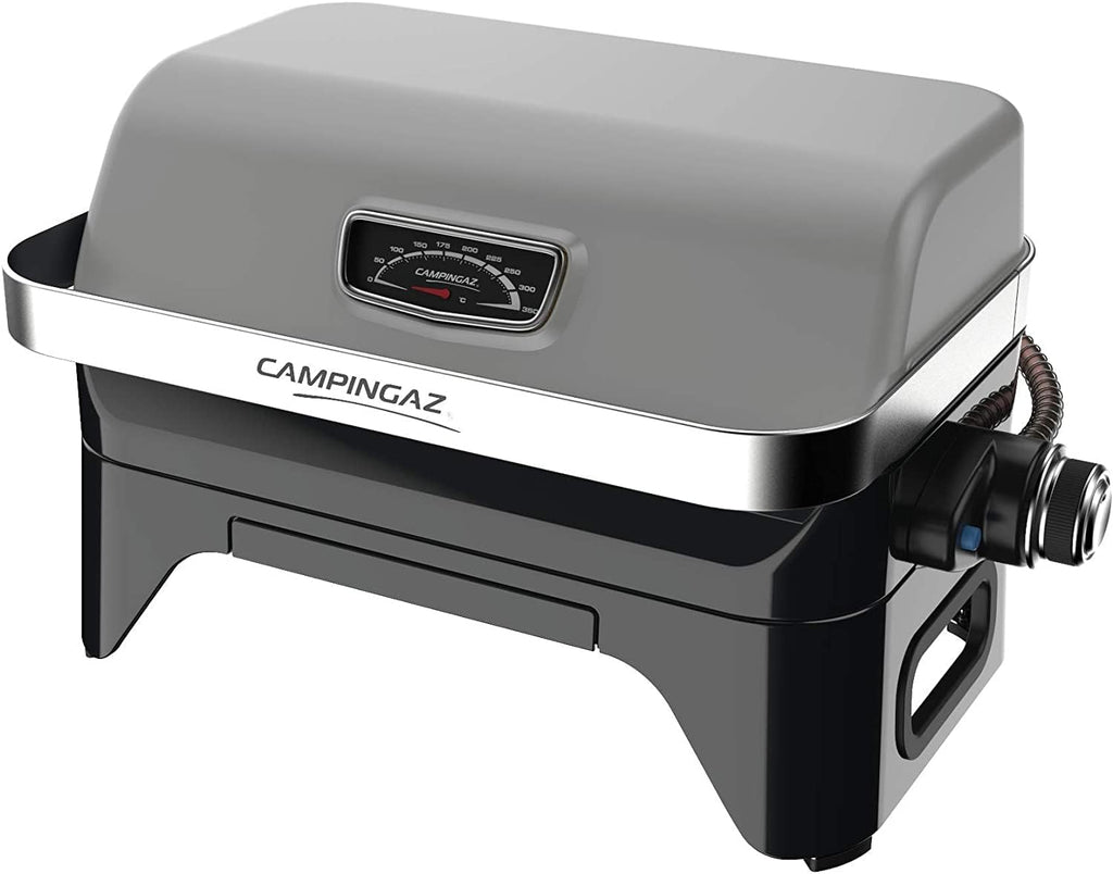 Attitude2go,Barbecue de Table  Faible fume,BBQ Portable, Couvercle,thermomtre,et Grille en Fonte,Alimentation : Cartouche de gaz CV 470 Plus,Gris